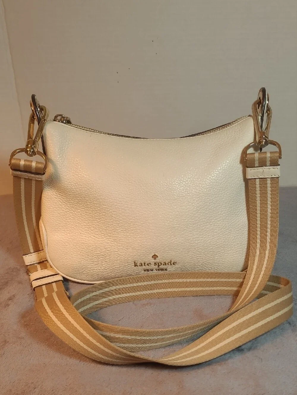 Kate Spade Rosie Crossbody Parchment Cream Pebbled Leather Striped Strap